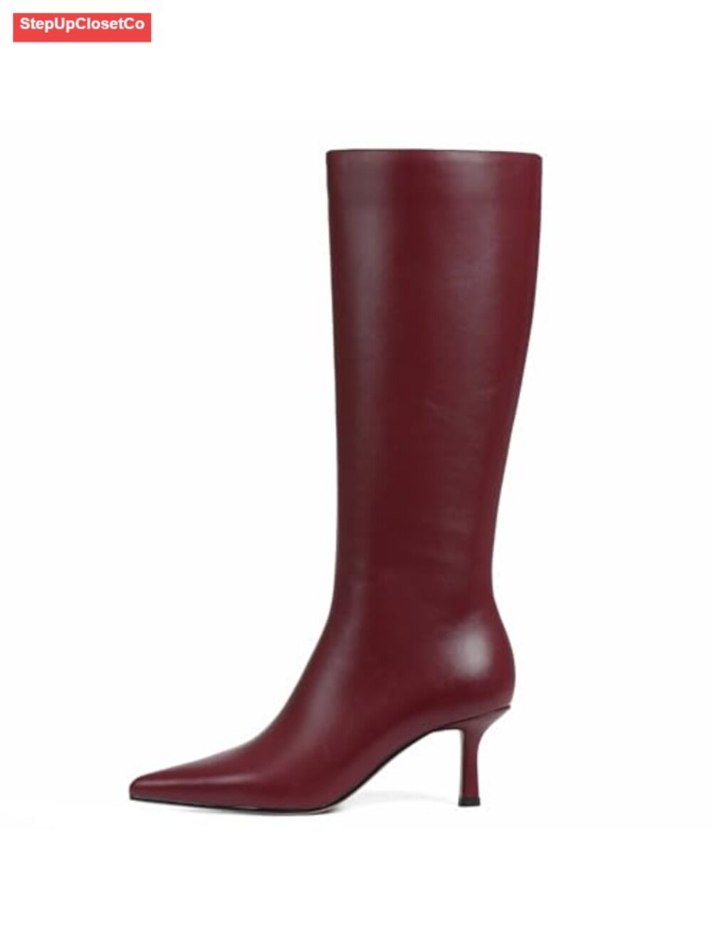 Women Knee High Boots Kitten Heel Side Zipper Pointed Toe Faux Leather Tall